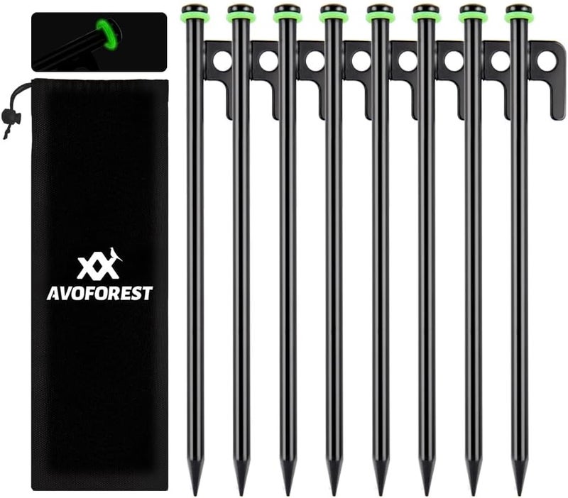 AVOFOREST 12Inch Heavy Duty Tent Stakes,8 PCS Tent Pegs Metal+Fluorescent Silicone Rings+ Storage Bag for Camping - Image 1